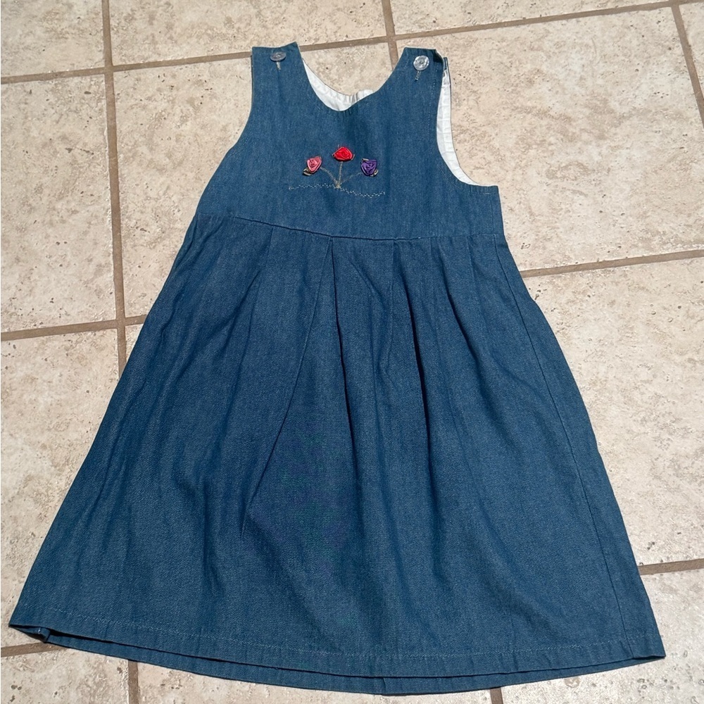 Vintage handmade‎ size 6 denim “overall” dress with hand stitching